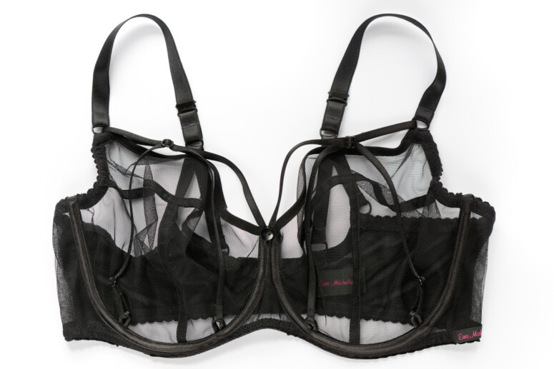 Biustonosz SMN Fetysz Czarny Ewa Michalak - leżący na płasko, zapięty, widok z przodu